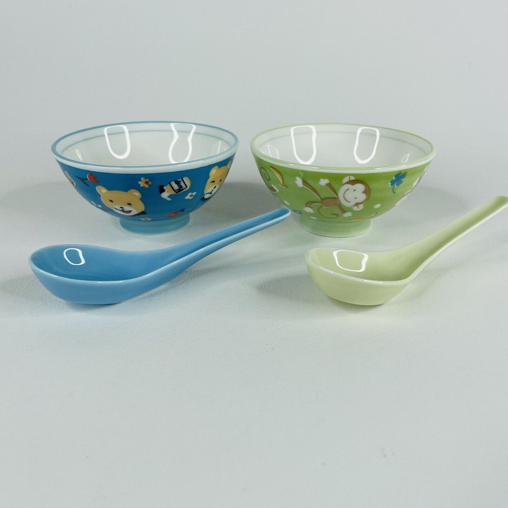 2 Schen Japanese Kotobuki 4” Monkey & Bear Pattern Rice Noodle Soup Bowl Kids